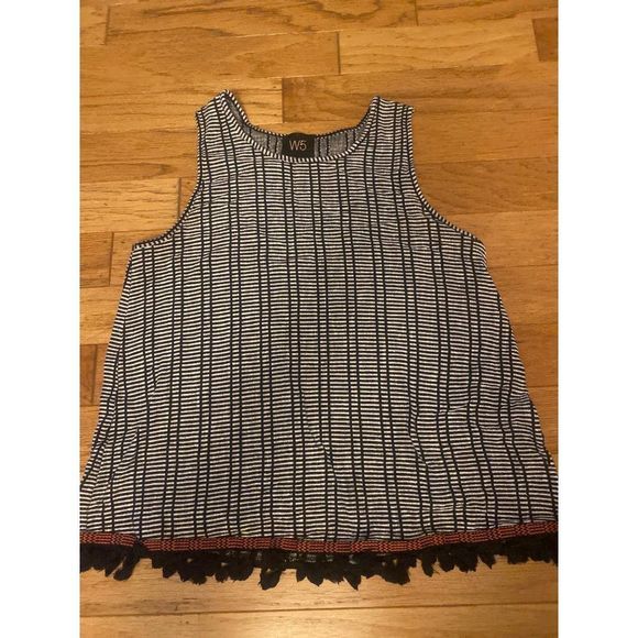 W5, women's boho aztec black/white striped sleeveless, fringe tasseled hem top L - Picture 1 of 7